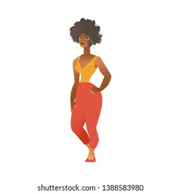 Vector cute african american woman with curly hairstyle standing smiling in red pants wearing golden ring earrings. Beautiful black girl on fashionable outfit. Happy female character cartoon icon.
