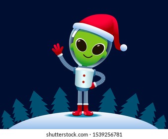 Vector cute Alien character wearing red Christmas hat illustration for greeting card