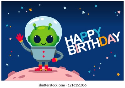 Vector cute alien waving its hand on small planet, for happy birthday card