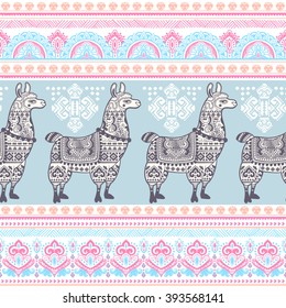 Vector cute Alpaca Llama animal with ethnic ornaments