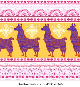 Vector cute Alpaca Llama animal with ethnic ornaments