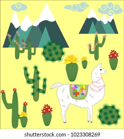 Vector cute Alpaca. Llama animals and cactus. Llama Alpaca. Cartoon animal.