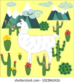 Vector cute Alpaca. Llama animals and cactus. Llama Alpaca. Cartoon animal.