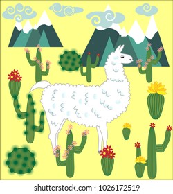 Vector cute Alpaca. Llama animals and cactus.