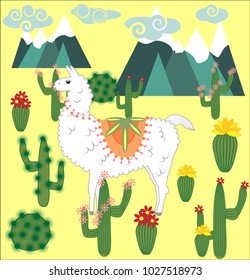 Vector cute Alpaca. Llama animals and cactus. Llama Alpaca. Cartoon animal.