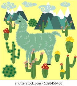 Vector cute Alpaca. Llama animals and cactus. Llama Alpaca. Cartoon animal.