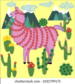 Vector cute Alpaca. Llama animals and cactus. Llama Alpaca. Cartoon animal.