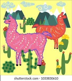 Vector cute Alpaca. Llama animals and cactus. Llama Alpaca. Cartoon animal.