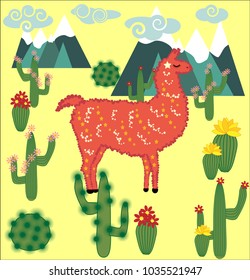 Vector cute Alpaca. Llama animals and cactus. Llama Alpaca. Cartoon animal.