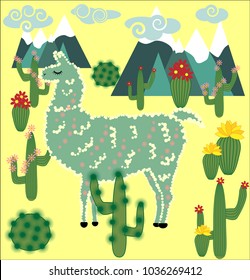 Vector cute Alpaca. Llama animals and cactus. Llama Alpaca. Cartoon animal.