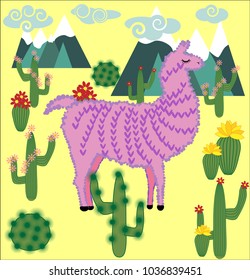 Vector cute Alpaca. Llama animals and cactus. Llama Alpaca. Cartoon animal.