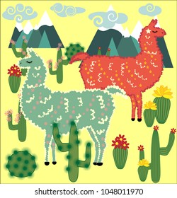 Vector cute Alpaca. Llama animals and cactus. Llama Alpaca. Cartoon animal.