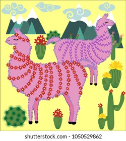 Vector cute Alpaca. Llama animals and cactus. Llama Alpaca. Cartoon animal.