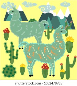 Vector cute Alpaca. Llama animals and cactus. Llama Alpaca. Cartoon animal.