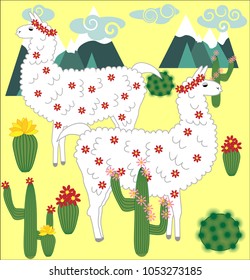 Vector cute Alpaca. Llama animals and cactus. Llama Alpaca. Cartoon animal.