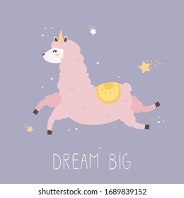 Vector with cute alpaca. Print for Baby. Kawaii lama-unicorn.