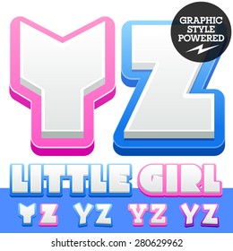 Vector cute alphabet for children. Nice white with blue  or pink letters and numbers for boys and girls. Letters Y Z