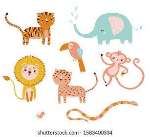 Vector cute animal character set, lion, toucan, leopard, tiger, elephant, bird, snake clip art