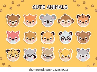 Vector cute animal face set, sticker template