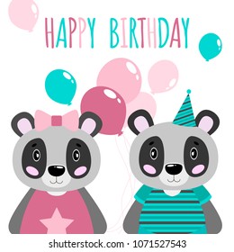 Vector cute animal happy panda, girls and boys. In white background.