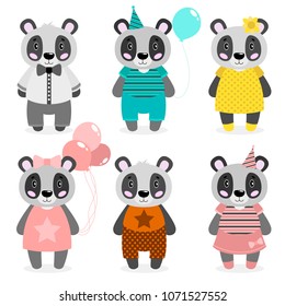 Vector cute animal happy panda, girls and boys.dressed in different clothes. In white background.Scrapbooking print. congratulate card.