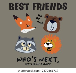 vector cute animal head illustration. fox, bear, racoon, lion face illustration