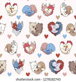 Vector cute animal hug hearts. Seamless repeat pattern. Hand drawn 2 animal couples hugging for romantic valentines day, wedding or love is all you need background. Free hug concept.