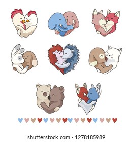 Vector cute animal hug hearts. Hand drawn illustration element motif, isolated. 2 animal couples hugging for romantic valentines day, wedding or love is all you need background. Free hug concept.