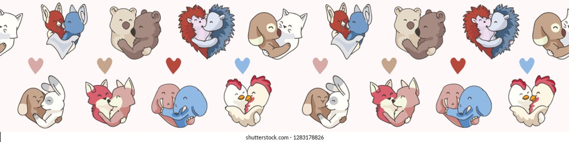 Vector cute animal hug hearts. Hand drawn seamless vector border illustration, isolated. 2 animal couples hugging for romantic valentines day, wedding or love is all you need banner. Free hug concept