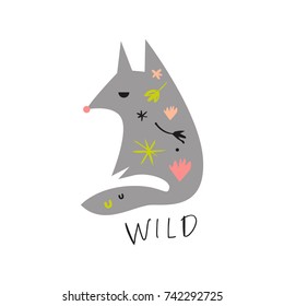 Vector cute animal and inscription "Wild". Poster, label, postcard, sticker, print, elements for design and other.