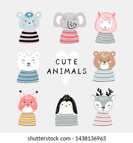 Vector Cute Animal Set. Doodle Cartoon Kawaii Wild Animals and Pets Heads. Scandinavian Nursery Print or Poster Design for Kids, Baby Shower Greeting Card