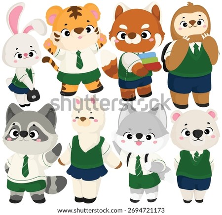 Vector Cute Animal Students Clip Art Set School Character Rabbit Tiger Sloth Raccoon Wolf Illustration Isolated on White Background Graphic