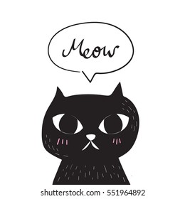 Vector of cute animal:black cat with calligraphy Meow.Illustration can be sticker,card,prints,poster,mug print.