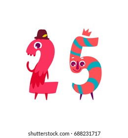 Vector cute animallike character number twenty five 25. Flat cartoon illustration on a white background. Happy birthday, new year decorative numbers. Funny smiling colored math, education symbols