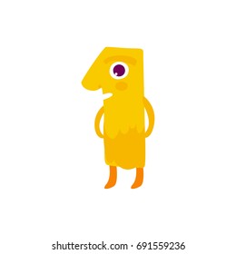 Vector cute animallike character number one 1. Flat cartoon illustration on a white background. Happy birthday, new year decorative numbers. Funny smiling colored math, education symbols