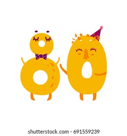 Vector cute animallike character number eighty 80. Flat cartoon illustration on a white background. Happy birthday, new year decorative numbers. Funny smiling colored math, education symbols