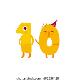 Vector cute animallike character number dozen 10. Flat cartoon illustration on a white background. Happy birthday, new year decorative numbers. Funny smiling colored math, education symbols