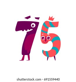 Vector cute animallike character number seventy five 75. Flat cartoon illustration on a white background. Happy birthday, new year decorative numbers. Funny smiling colored math, education symbols