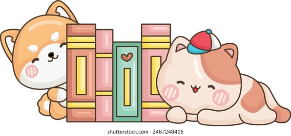 A vector of cute animals with books