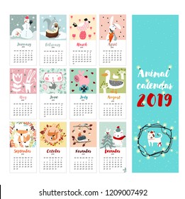 vector cute animals calendar 2019 with 12 month