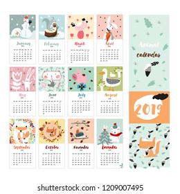 vector cute animals calendar 2019 with 12 month
