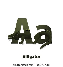 Vector cute animals for children to learning alphabet A Cartoon character Alligatror or Crocodile isolated on white background Capital letter and Lowercase letter and animal images for learning online