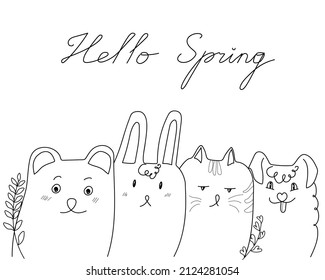 Vector lindos animales al estilo de doodle. Una liebre, un oso, un perro y un gato reciben la primavera. Hola primavera. Ilustración de impresiones y postales