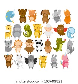 vector cute animals. owl, panda, cat, dog, koala, crocodile, lion, fox, wolf, bear, giraffe.
