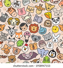 Vector cute animals seamless texture. Pattern of the faces of various mammals and birds. Print fabric vector pattern with pop art patches for print, party, children's room.