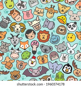 Vector cute animals seamless texture. Pattern of the faces of various mammals and birds. Print fabric vector pattern with pop art patches for print, party, children's room.