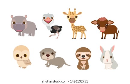 
Vector cute animals series, Hippo, giraffe, ostrich, owl, Otter and the sloth on the white background