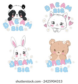 Vector Cute Animals set. Panda, Cat, Rabbit, Teddy Bear.