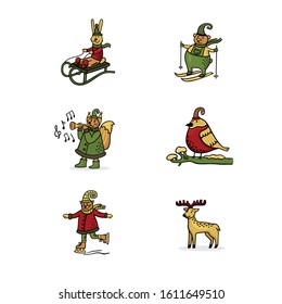 Vector cute animals set at winter sport and outdoor activities: rabbit riding on a sled, bear skiing, cat skating, squirrel playing on a pipe, Christmas deer and bird in a hat on a branch. 