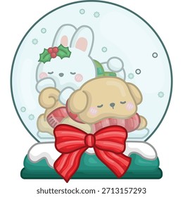 Un Vector de animales lindos en un globo de nieve en el ambiente de Navidades
